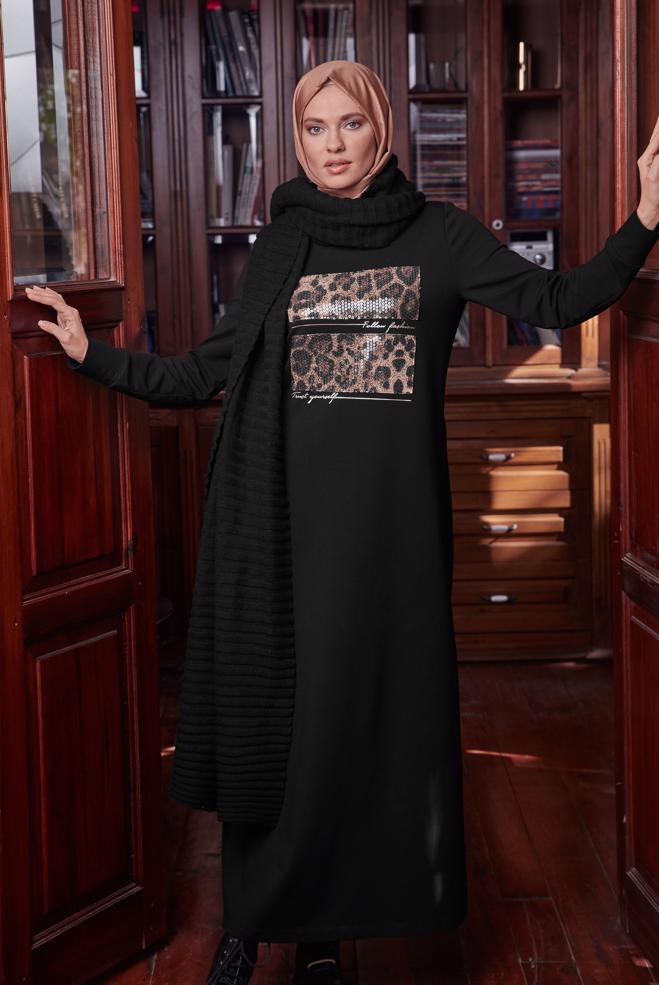 Tesettür giyim SİYAH LEOPAR DESEN PUL PAYET DETAYLI  EŞOFMAN ELBİSE  41112 - ALVİNA