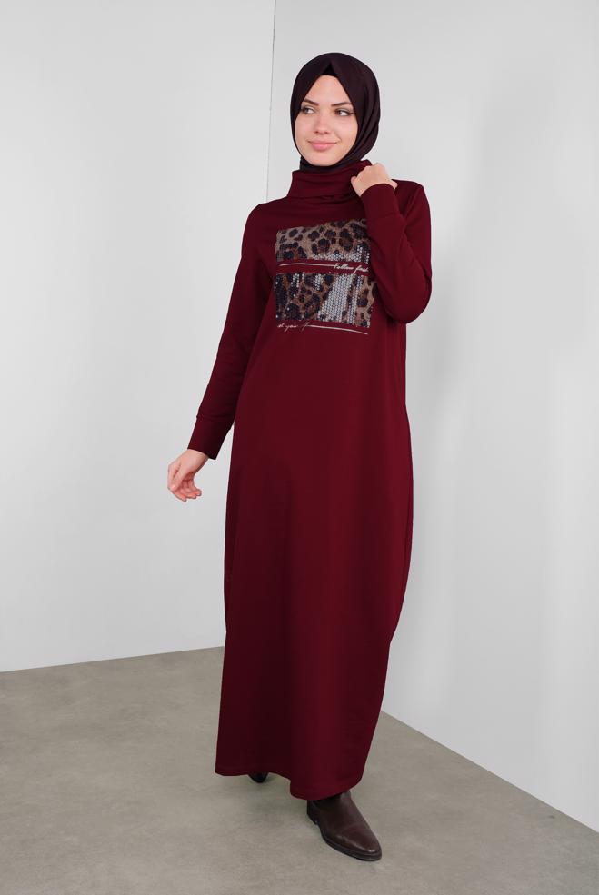 Vêtements hijab ROUGE BORDEAUX ROBE IMPRIMÉE À SEUQINS 41112 - ALVİNA