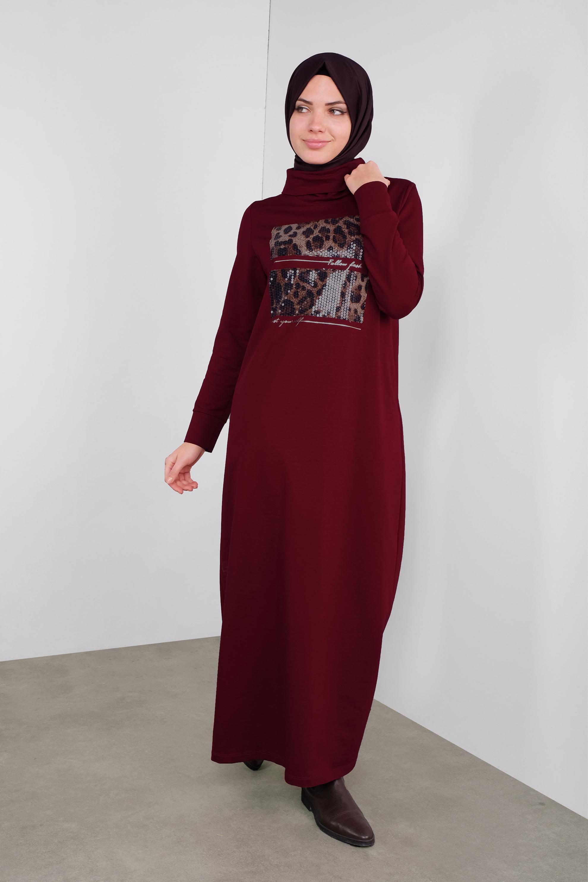 Vêtements hijab ROUGE BORDEAUX ROBE IMPRIMÉE À SEUQINS 41112