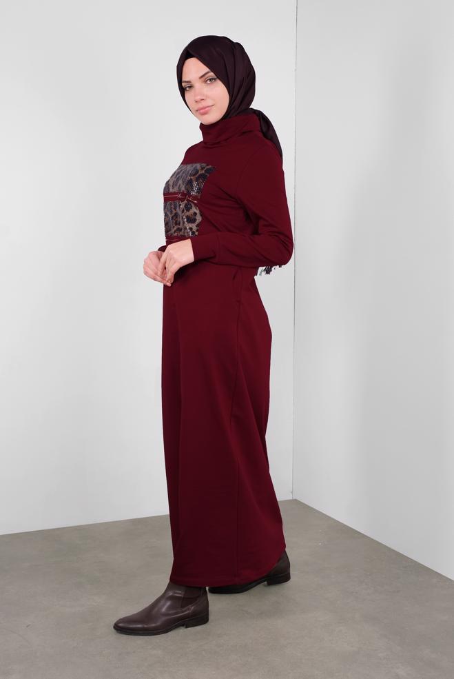 Vêtements hijab ROUGE BORDEAUX ROBE IMPRIMÉE À SEUQINS 41112 - ALVİNA