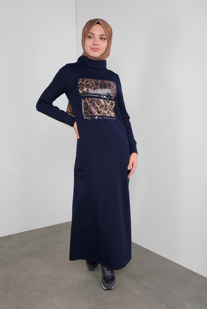 Hijab-Kleidung NAVY BLAU LEOPAR DESEN PUL PAYET DETAYLI  EŞOFMAN ELBİSE  41112 - ALVİNA