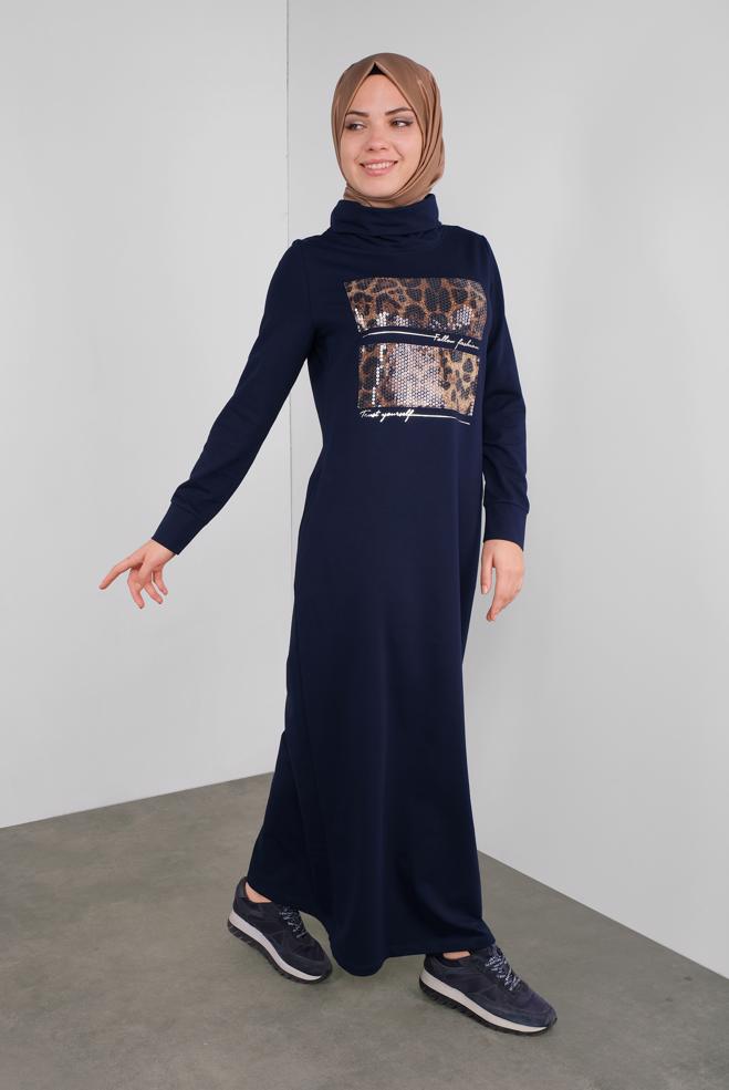 Hijab-Kleidung NAVY BLAU LEOPAR DESEN PUL PAYET DETAYLI  EŞOFMAN ELBİSE  41112 - ALVİNA