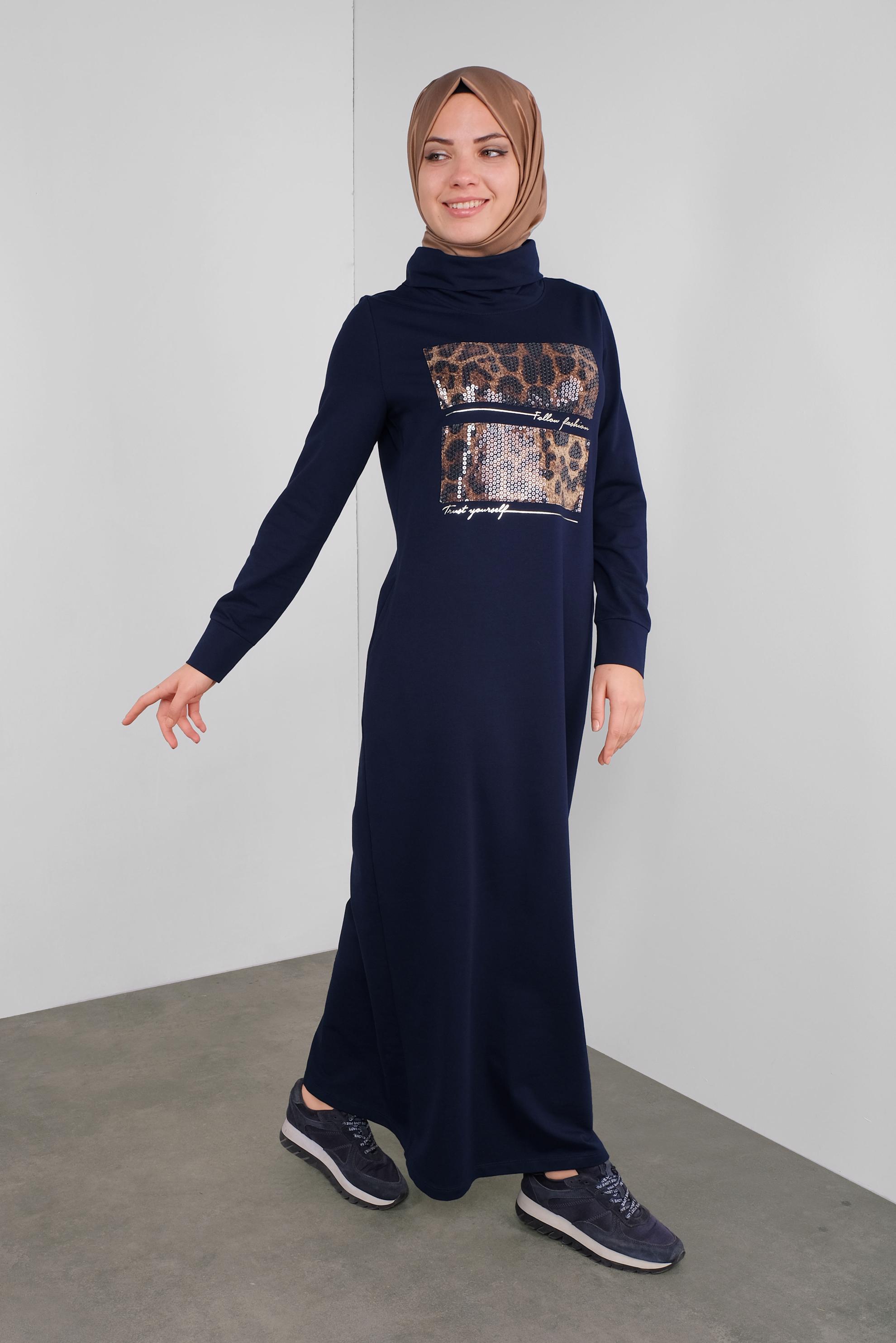 Hijab clothing NAVY BLUE ANIMAL PRINTED SEQUINED DRESS 41112 