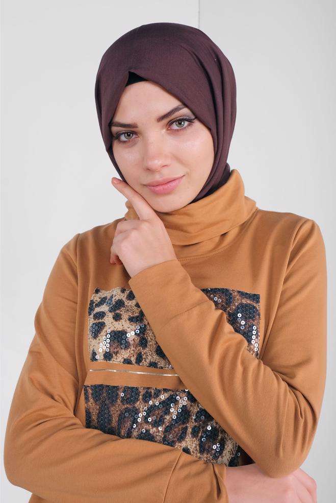 Hijab-Kleidung GELB LEOPAR DESEN PUL PAYET DETAYLI  EŞOFMAN ELBİSE  41112 - ALVİNA