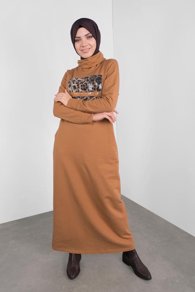 Hijab-Kleidung GELB LEOPAR DESEN PUL PAYET DETAYLI  EŞOFMAN ELBİSE  41112 - ALVİNA