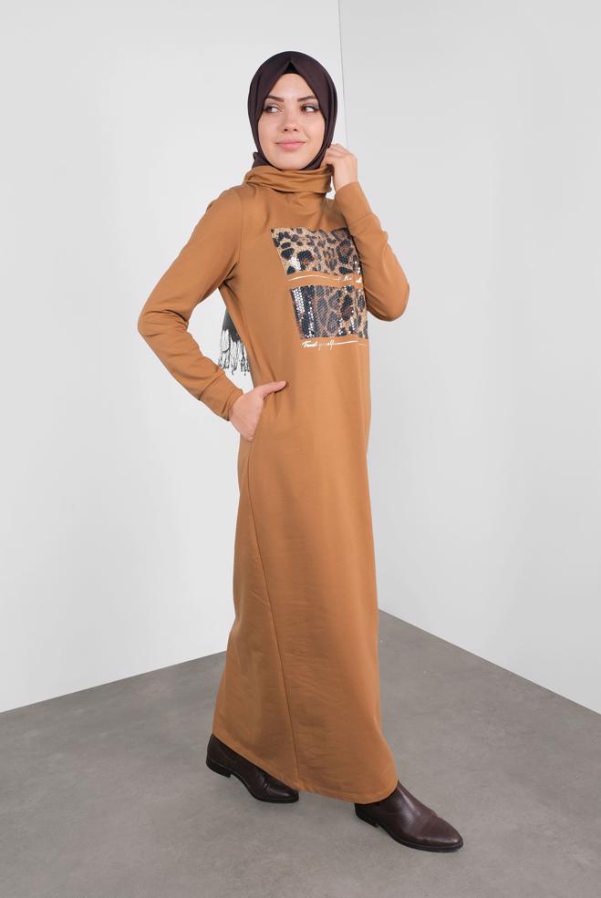 Hijab-Kleidung GELB LEOPAR DESEN PUL PAYET DETAYLI  EŞOFMAN ELBİSE  41112 - ALVİNA