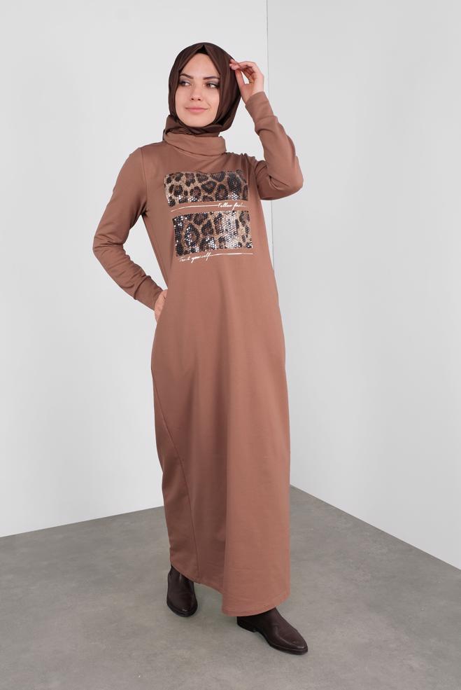 Vêtements hijab BRUN ROBE IMPRIMÉE À SEUQINS 41112 - ALVİNA