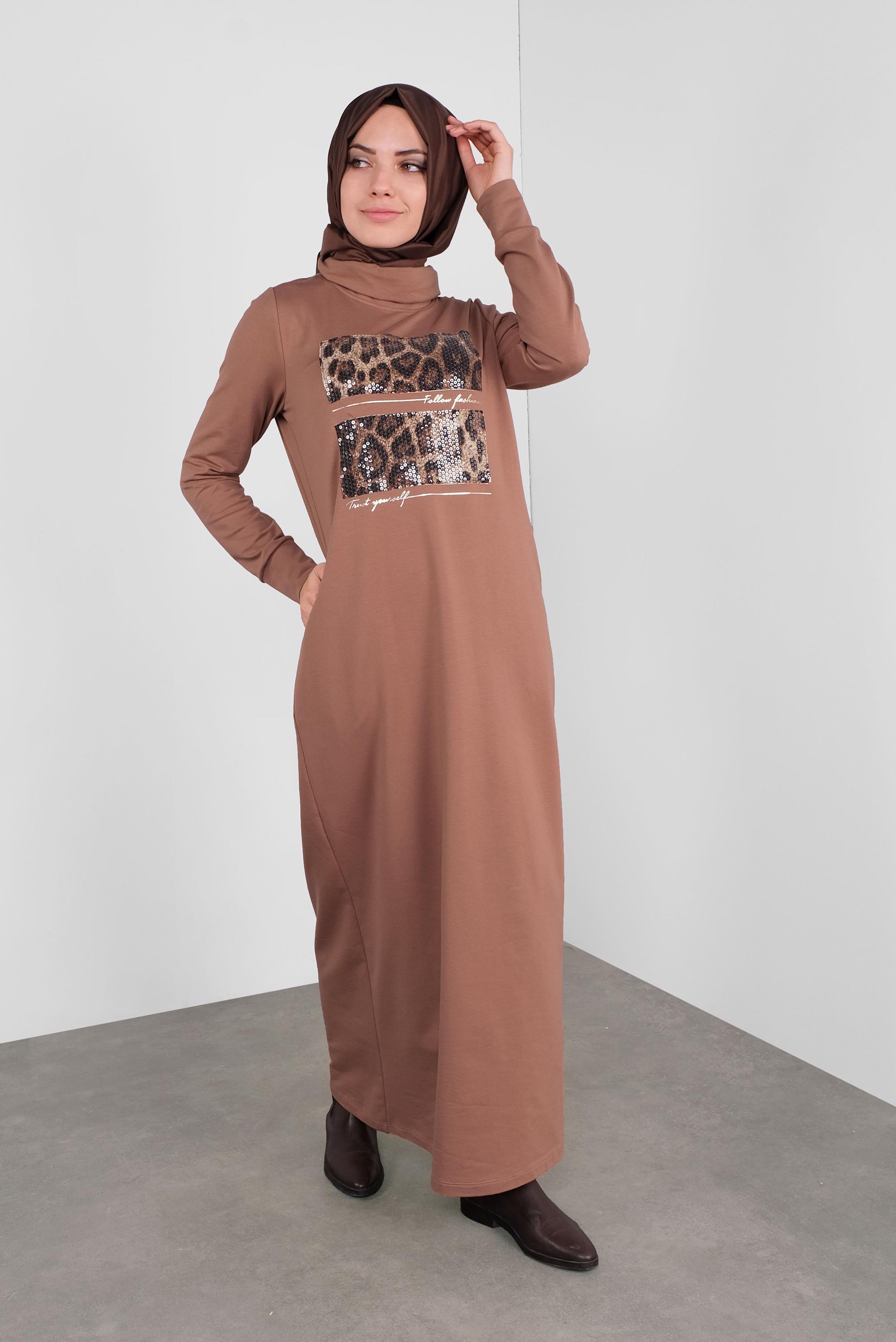 Vêtements hijab BRUN ROBE IMPRIMÉE À SEUQINS 41112