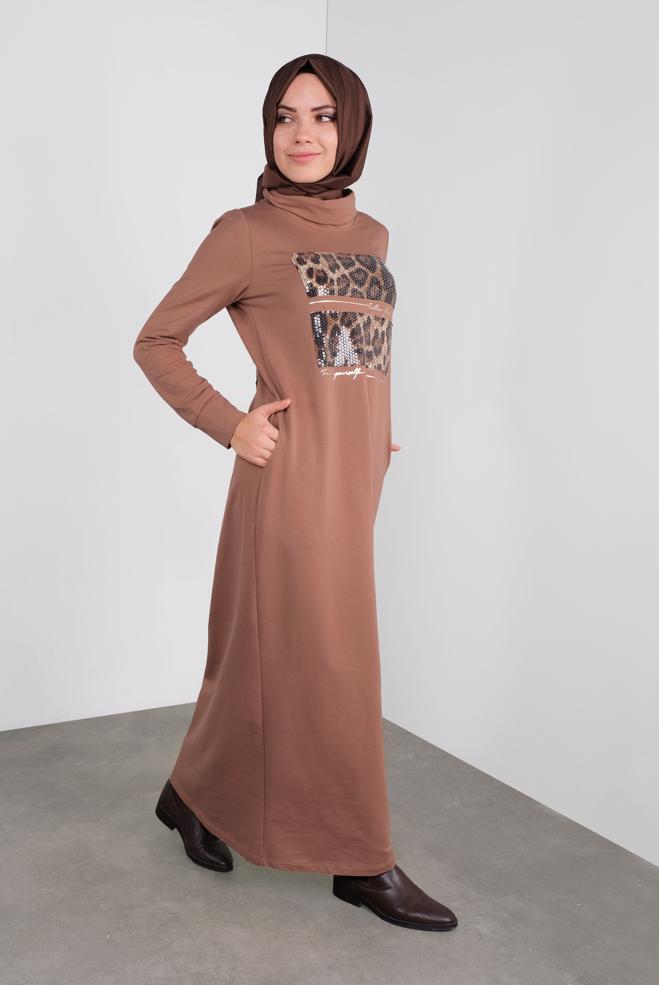 Vêtements hijab BRUN ROBE IMPRIMÉE À SEUQINS 41112 - ALVİNA