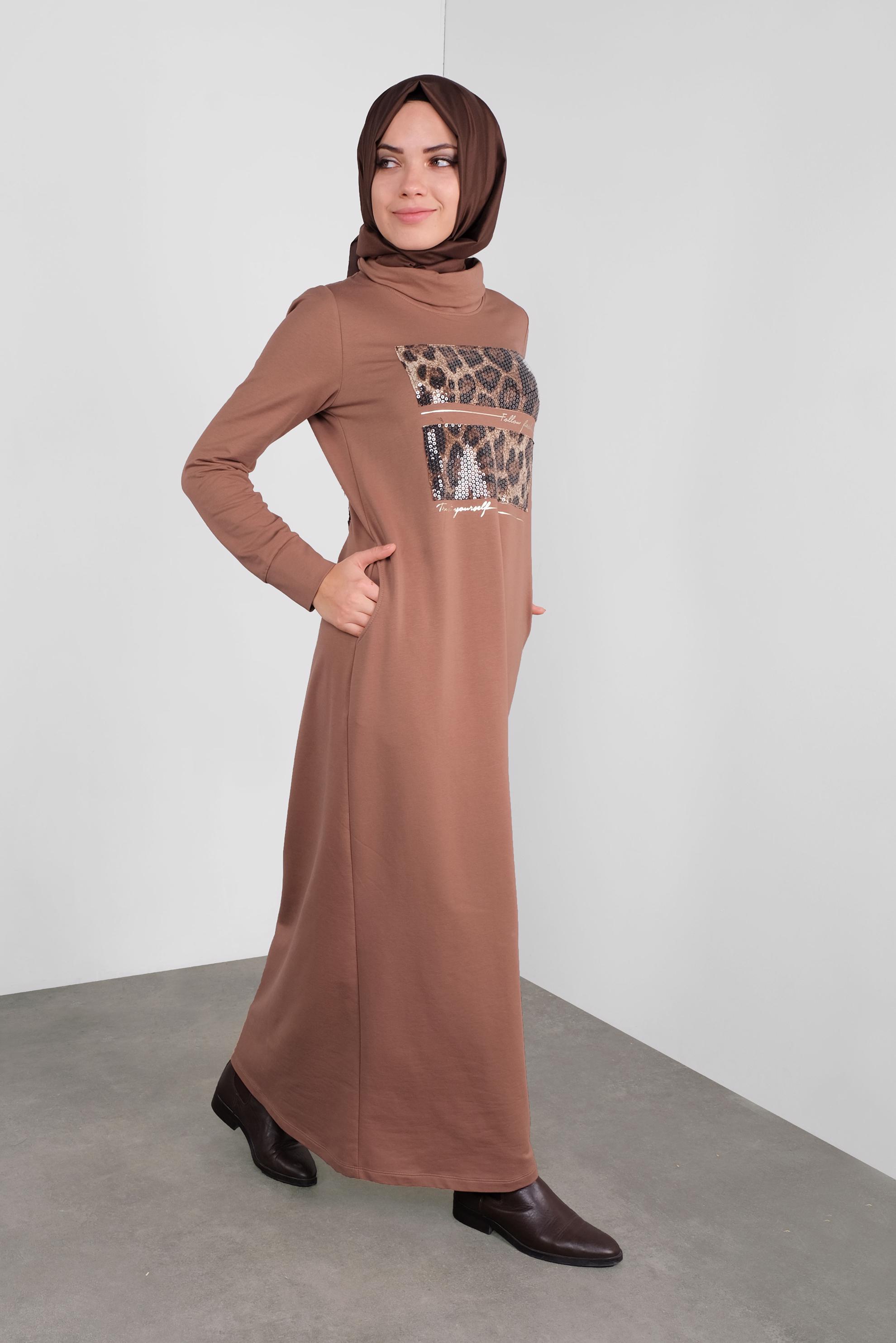 Vêtements hijab BRUN ROBE IMPRIMÉE À SEUQINS 41112