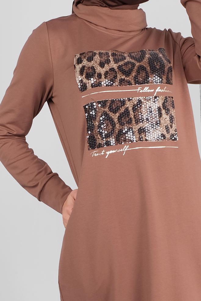 Vêtements hijab BRUN ROBE IMPRIMÉE À SEUQINS 41112 - ALVİNA