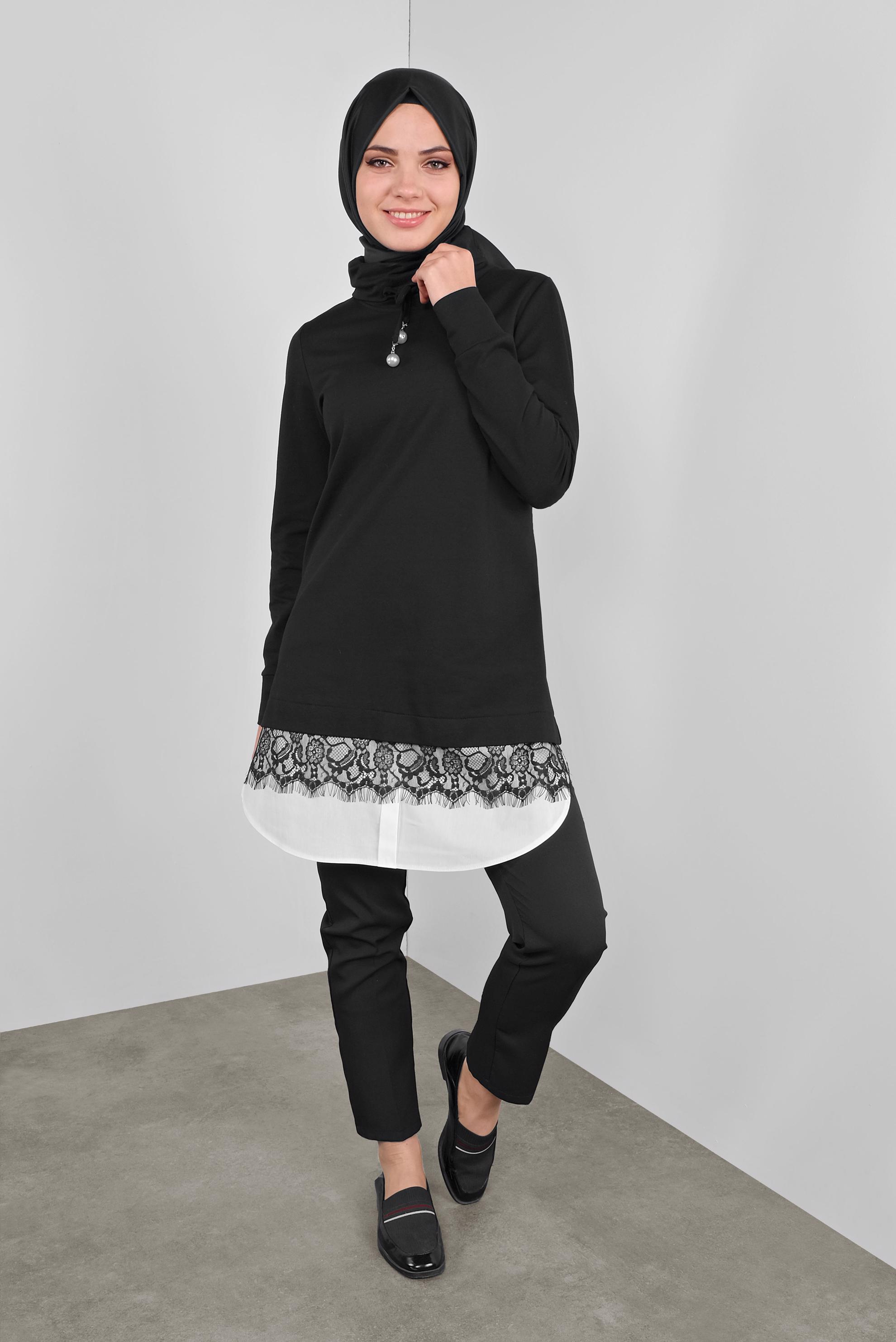 Tesettür giyim SİYAH DANTELLİ BOĞAZLI EŞOFMAN TUNİK  41149 