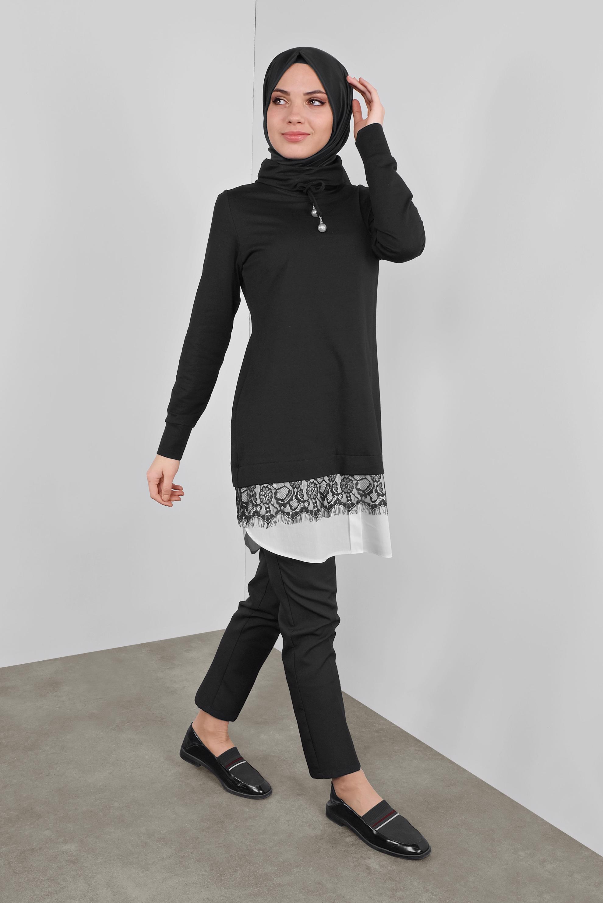 Tesettür giyim SİYAH DANTELLİ BOĞAZLI EŞOFMAN TUNİK  41149 