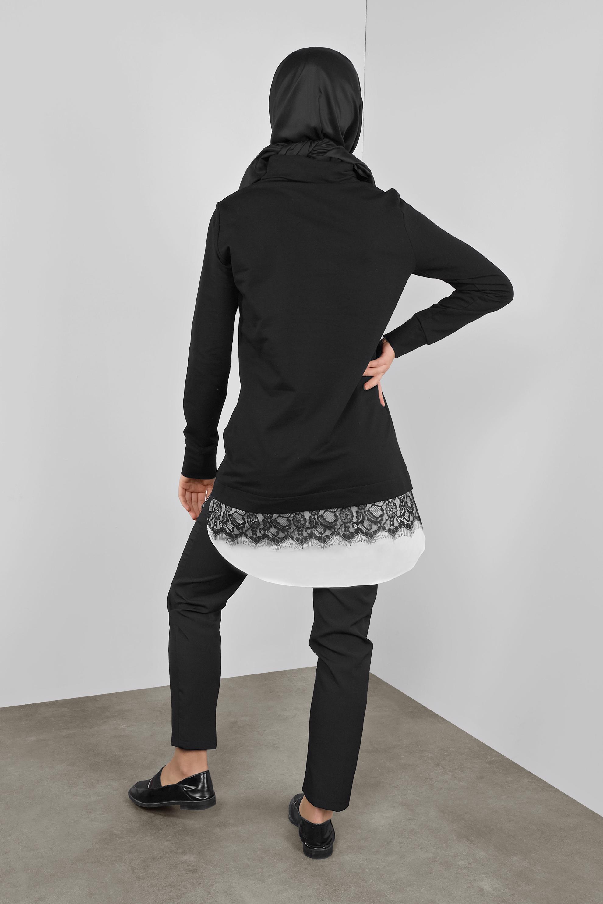 Tesettür giyim SİYAH DANTELLİ BOĞAZLI EŞOFMAN TUNİK  41149 