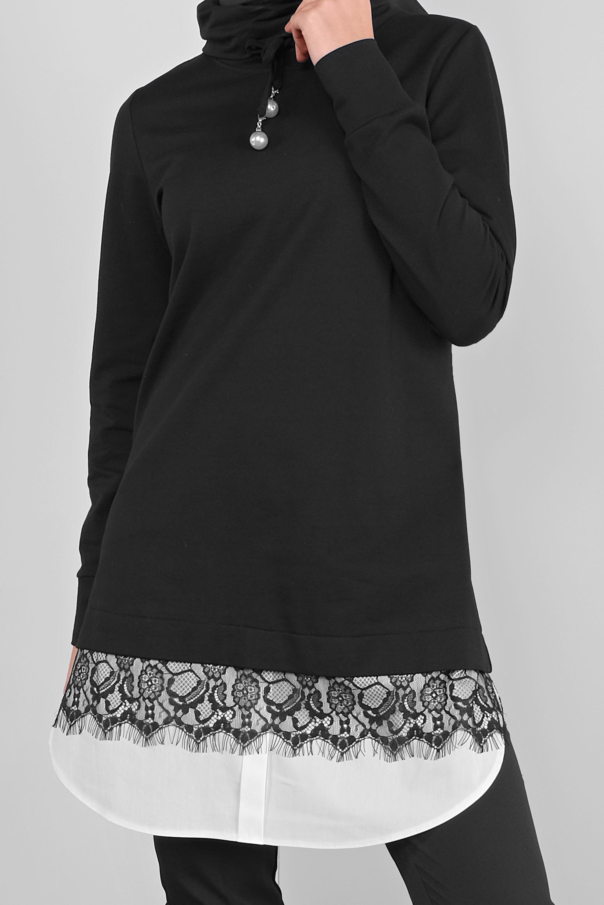 Tesettür giyim SİYAH DANTELLİ BOĞAZLI EŞOFMAN TUNİK  41149 