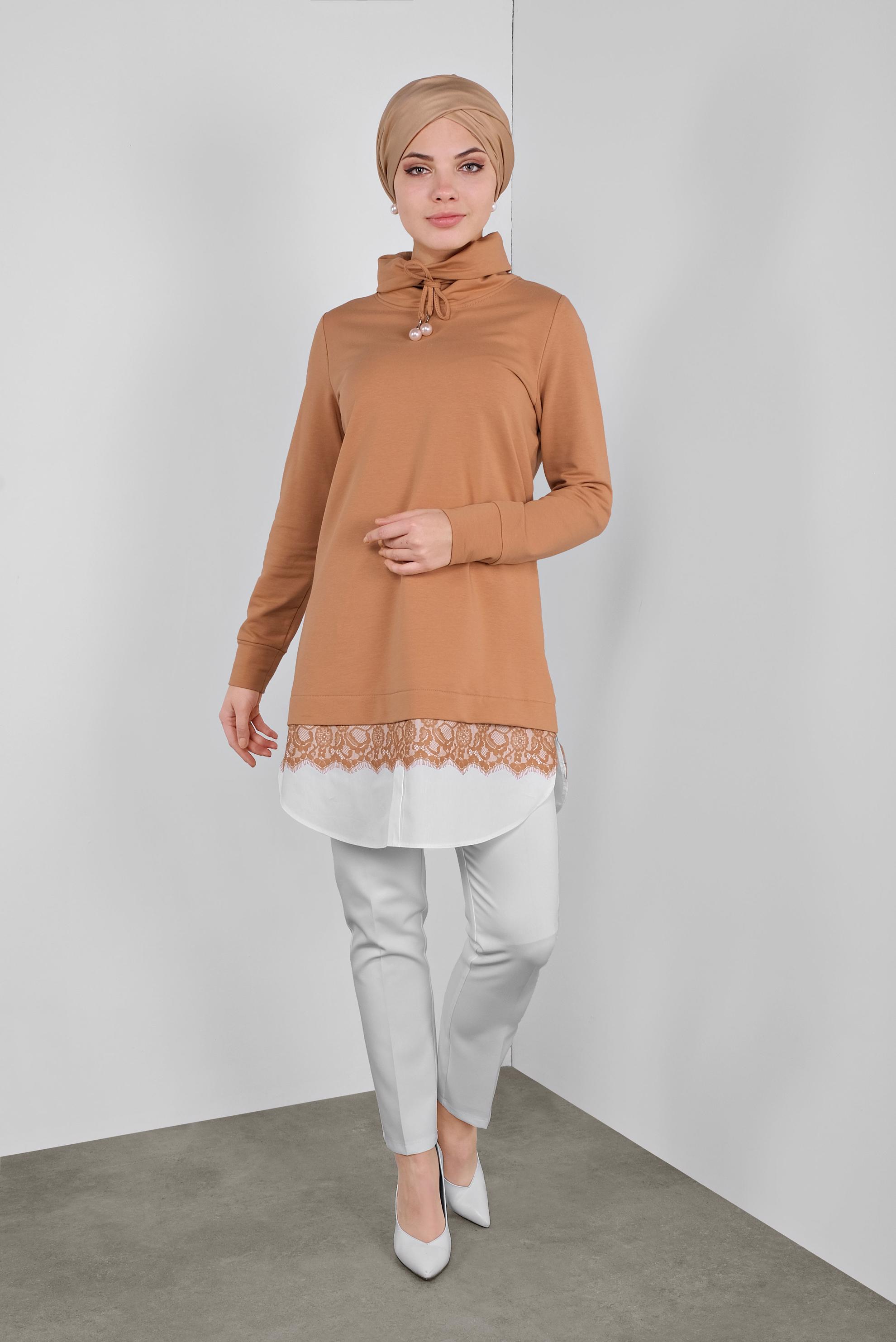 Tesettür giyim KAHVE DANTELLİ BOĞAZLI EŞOFMAN TUNİK  41149 