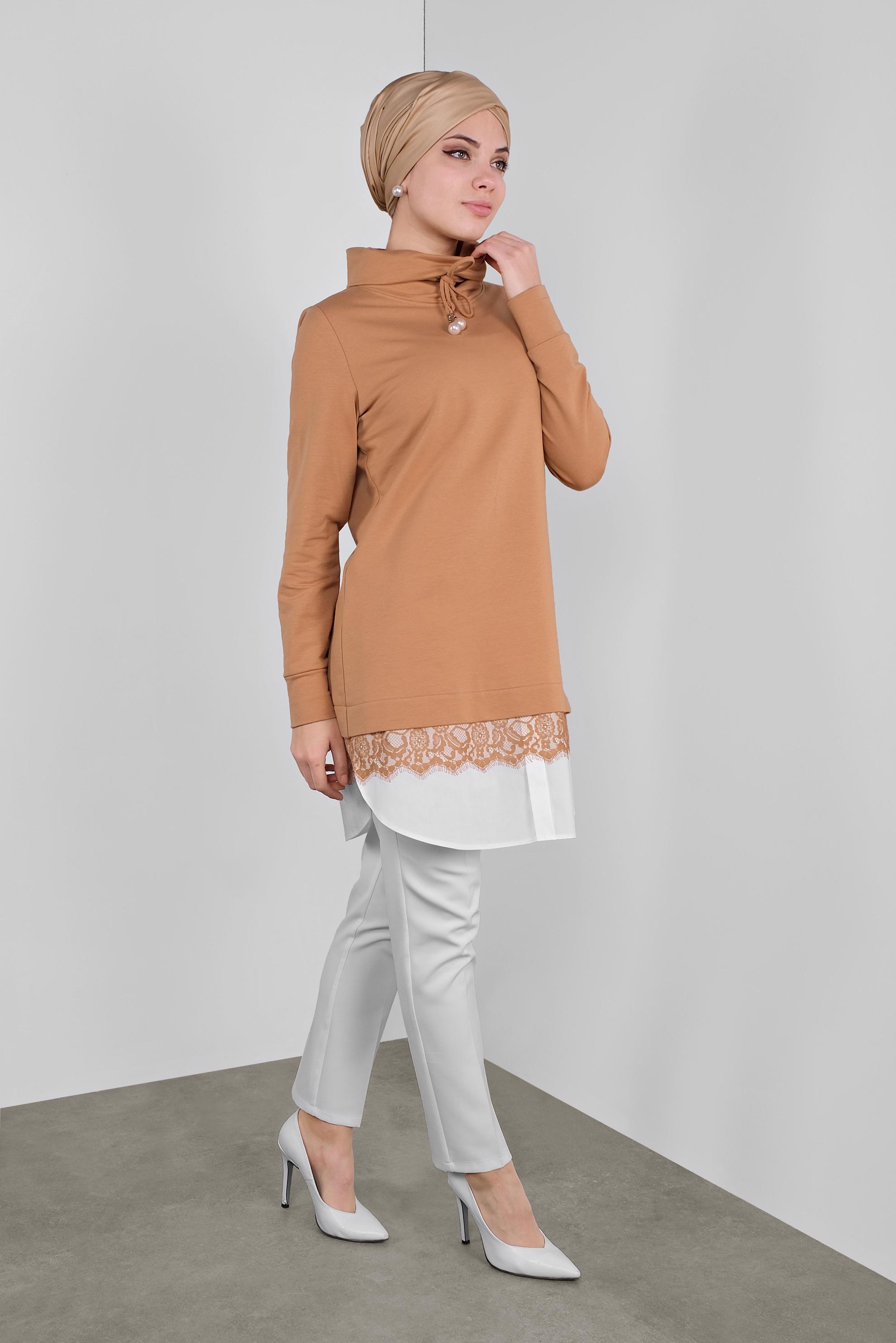 Tesettür giyim KAHVE DANTELLİ BOĞAZLI EŞOFMAN TUNİK  41149 