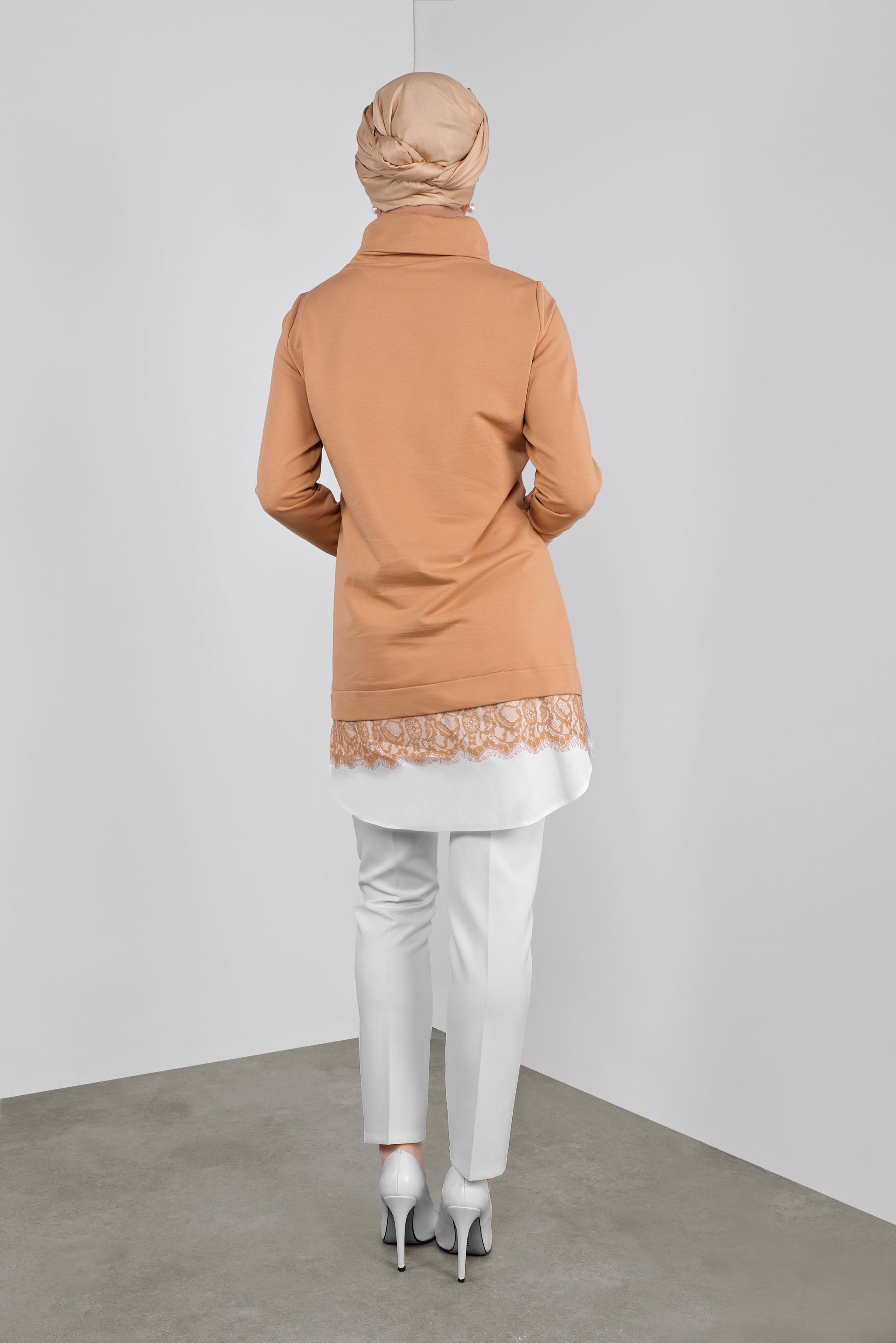 Tesettür giyim KAHVE DANTELLİ BOĞAZLI EŞOFMAN TUNİK  41149 