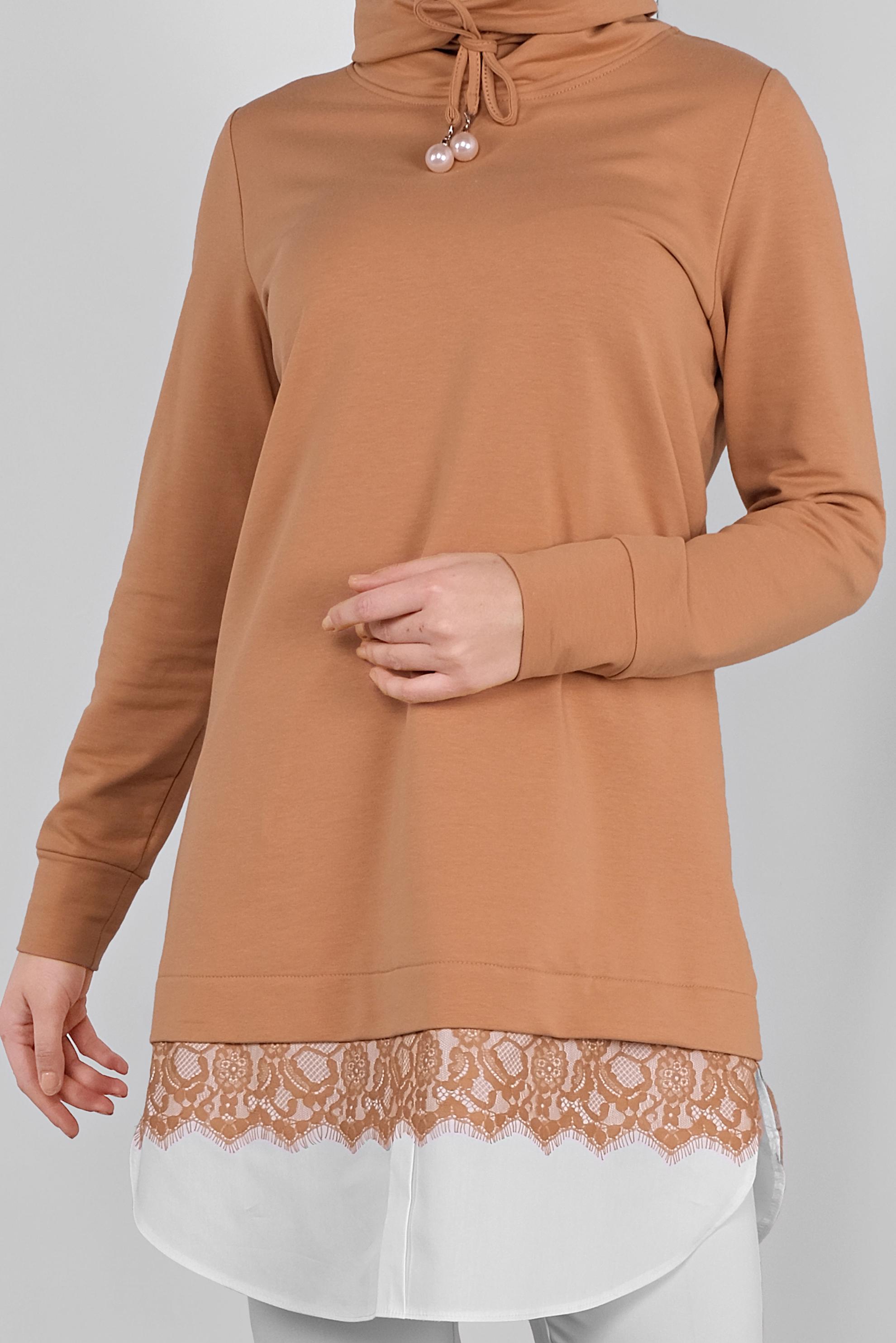 Tesettür giyim KAHVE DANTELLİ BOĞAZLI EŞOFMAN TUNİK  41149 