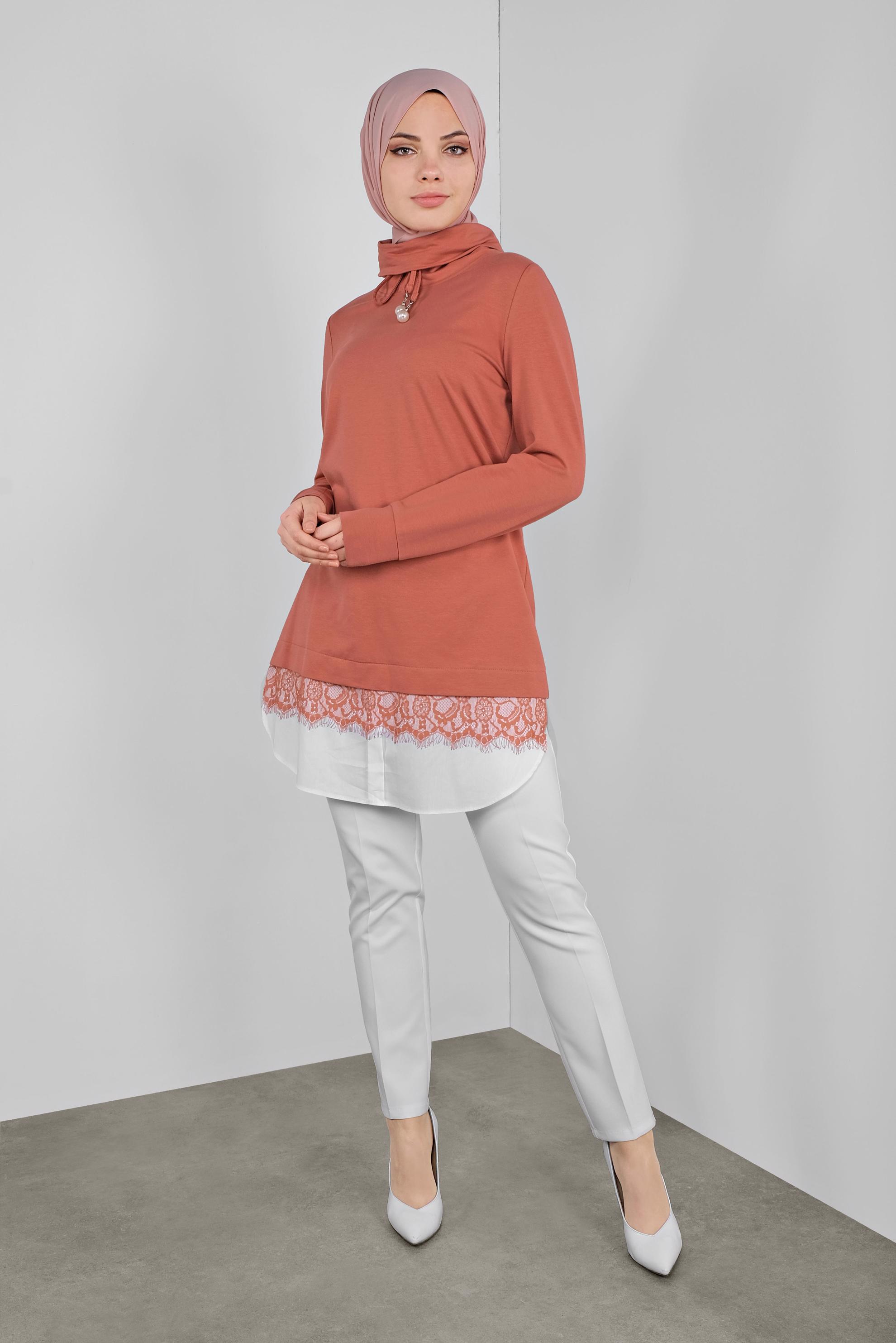 Tesettür giyim TURUNCU DANTELLİ BOĞAZLI EŞOFMAN TUNİK  41149 