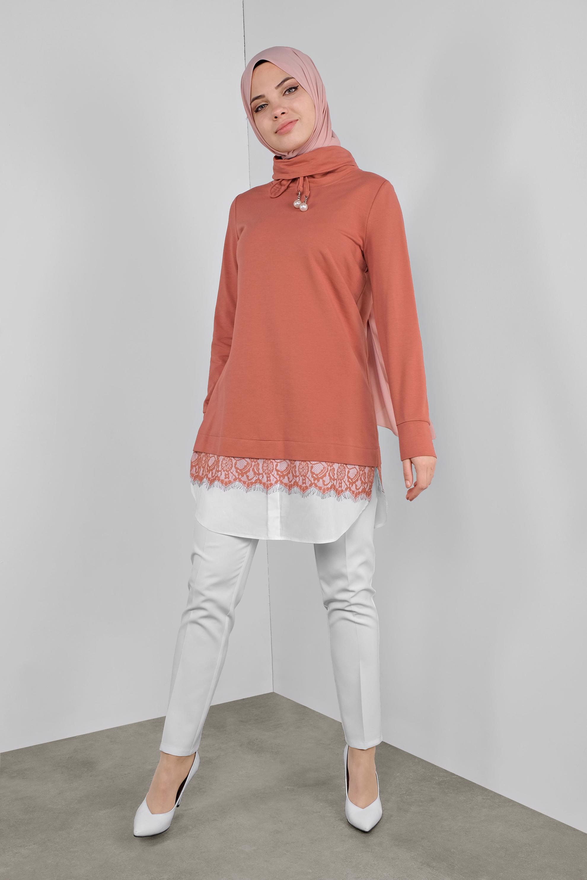 Tesettür giyim TURUNCU DANTELLİ BOĞAZLI EŞOFMAN TUNİK  41149 