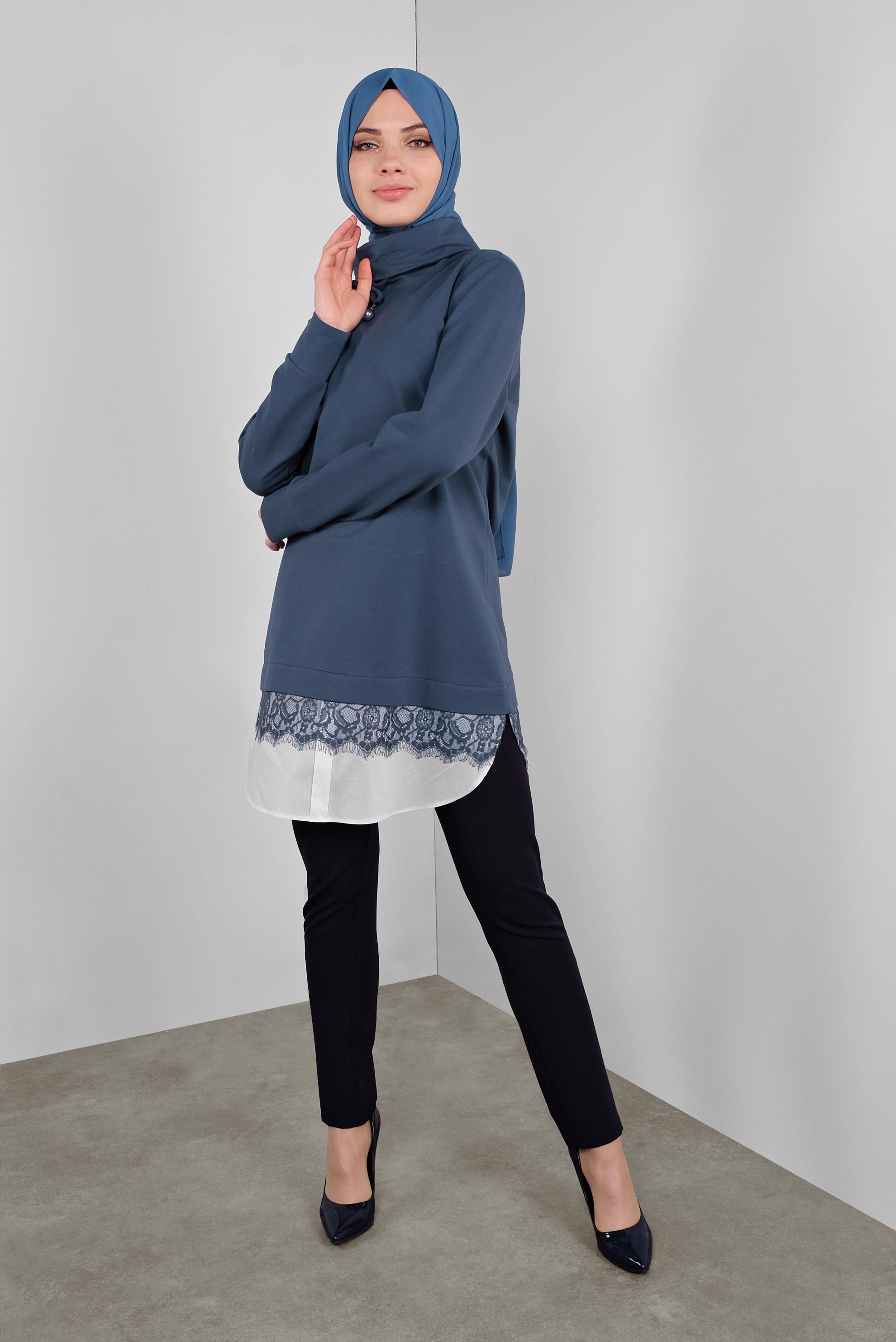 Tesettür giyim LACİVERT DANTELLİ BOĞAZLI EŞOFMAN TUNİK  41149 