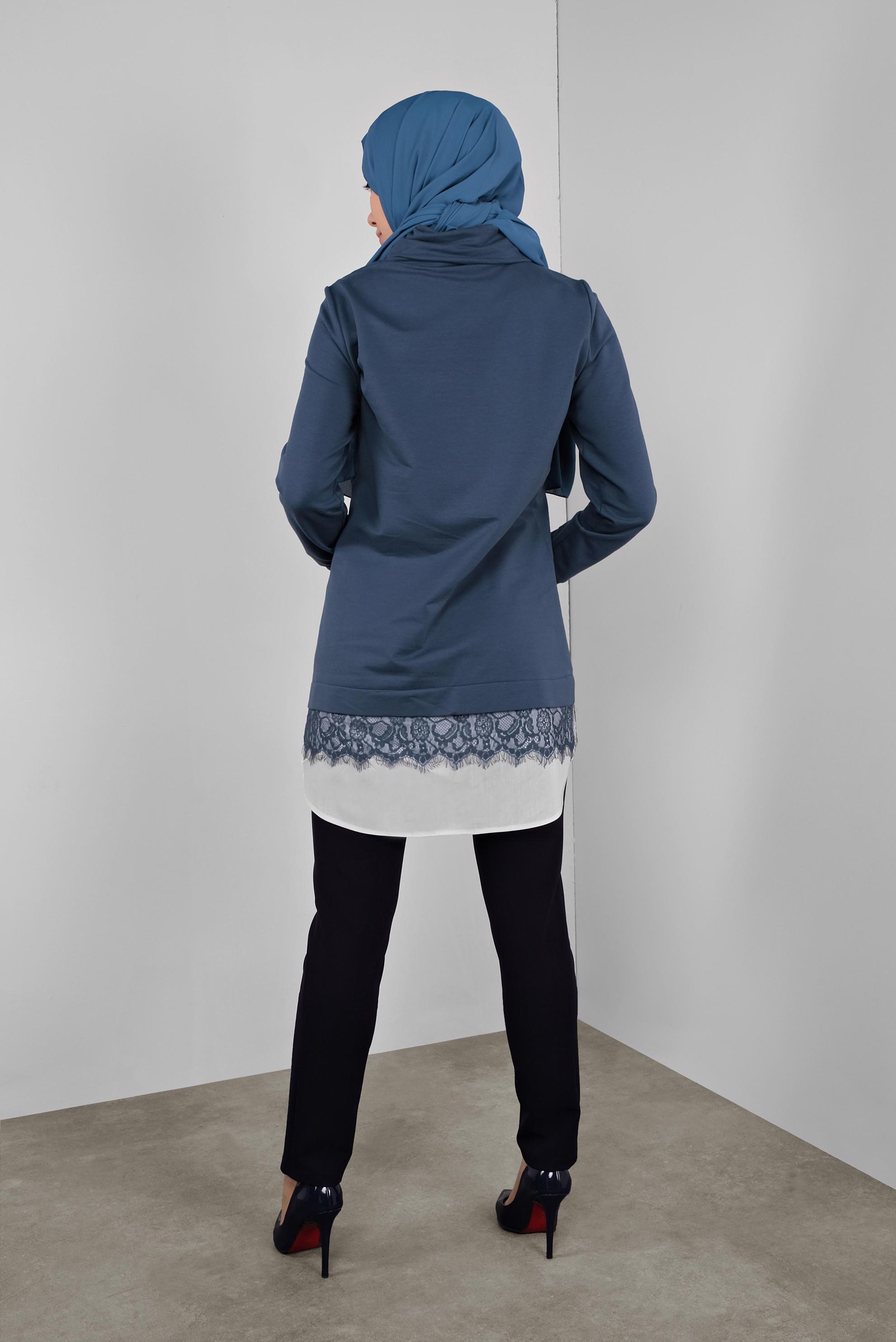 Tesettür giyim LACİVERT DANTELLİ BOĞAZLI EŞOFMAN TUNİK  41149 