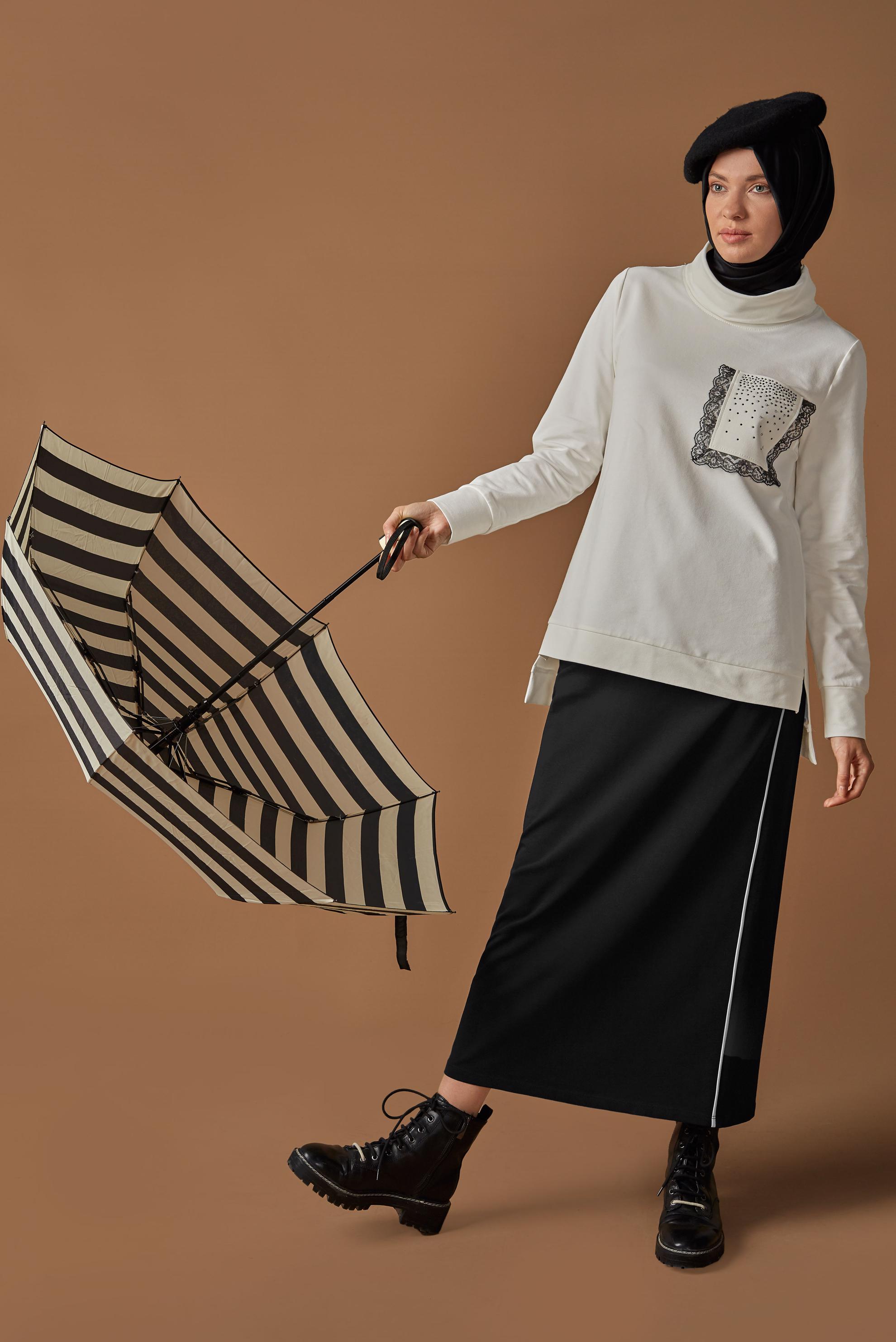 Tesettür giyim SİYAH DANTEL DETAYLI İKİLİ ETEKLİ EŞOFMAN TAKIM 41151 