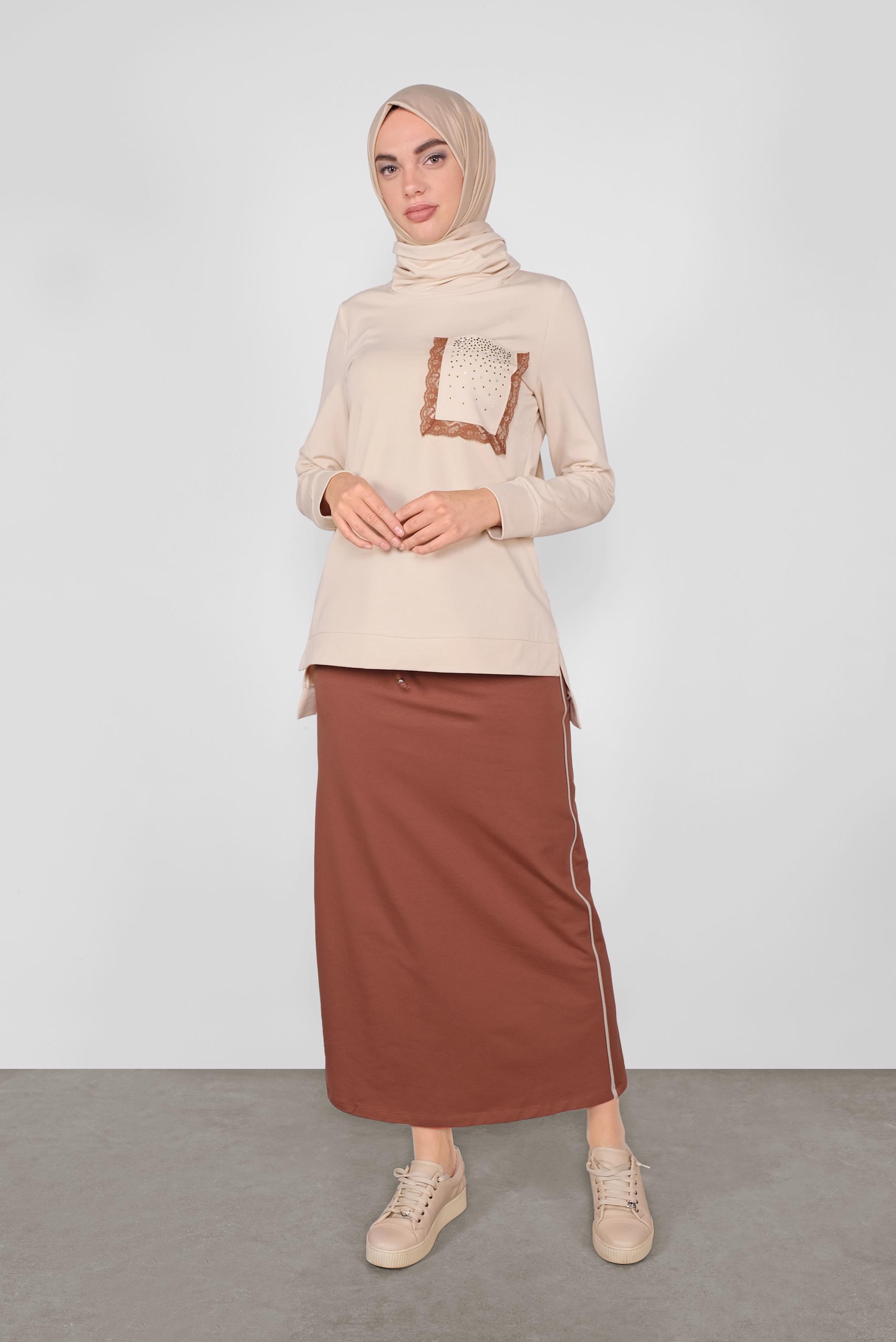 Tesettür giyim TURUNCU DANTEL DETAYLI İKİLİ ETEKLİ EŞOFMAN TAKIM 41151 