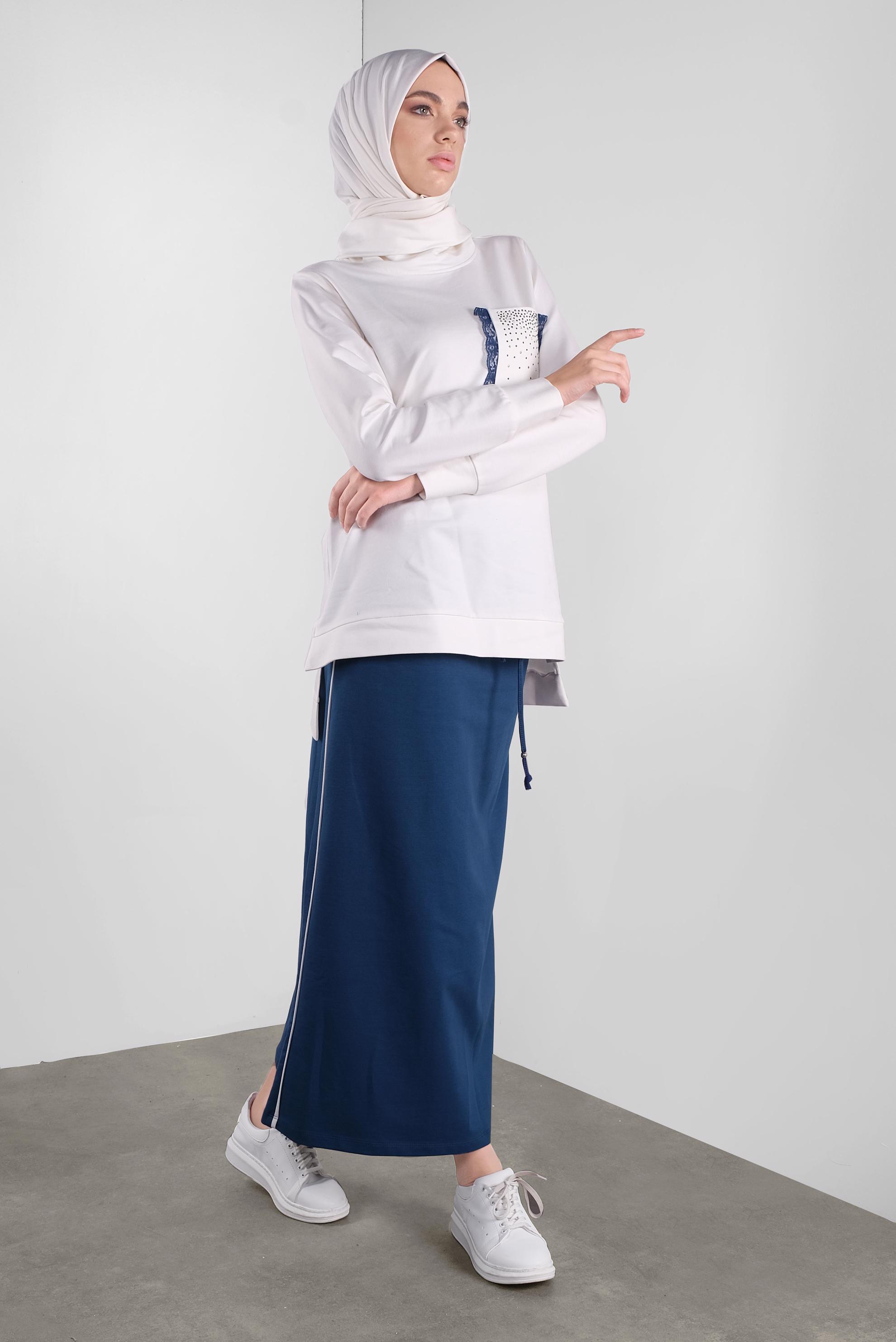 Tesettür giyim LACİVERT DANTEL DETAYLI İKİLİ ETEKLİ EŞOFMAN TAKIM 41151 