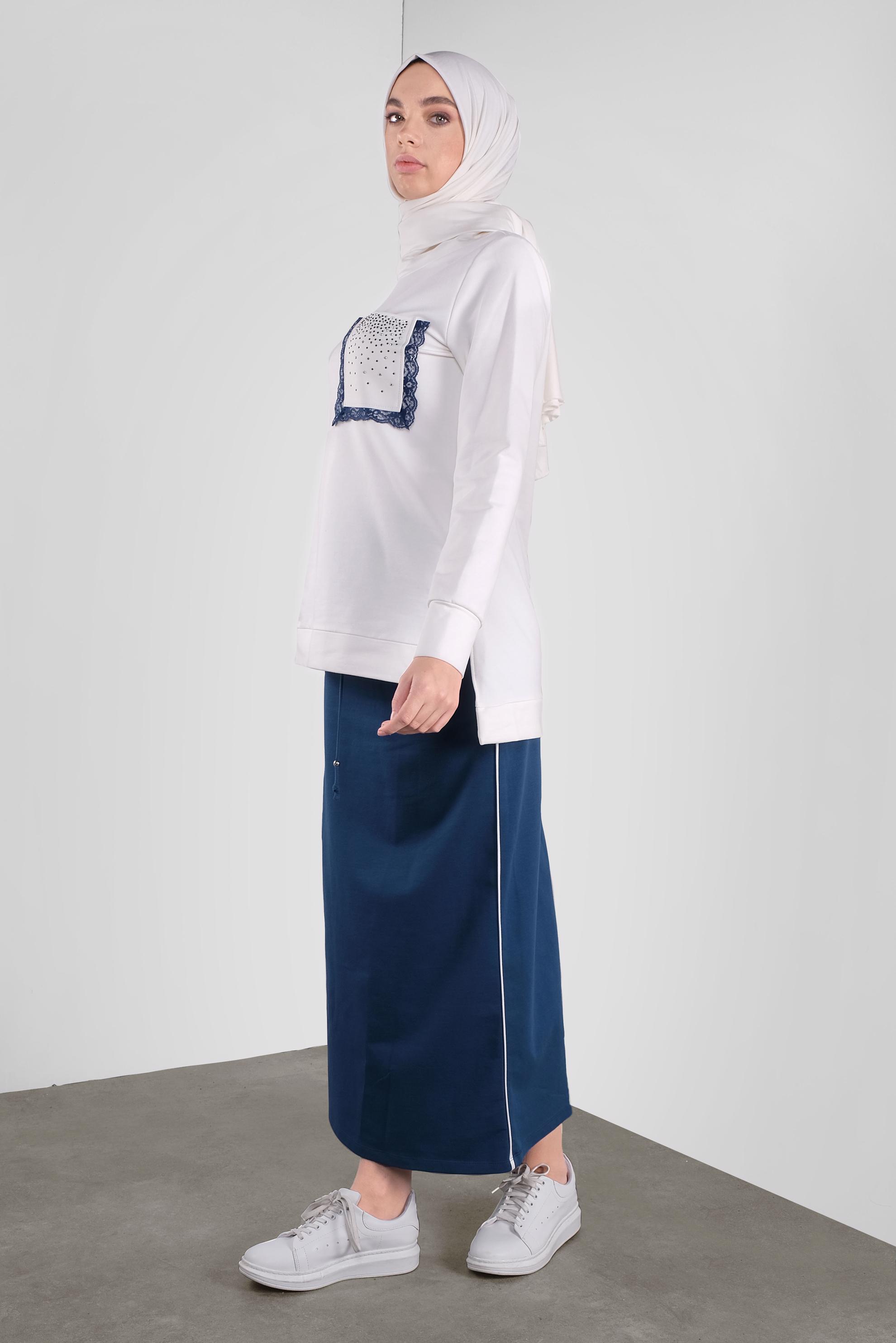 Tesettür giyim LACİVERT DANTEL DETAYLI İKİLİ ETEKLİ EŞOFMAN TAKIM 41151 