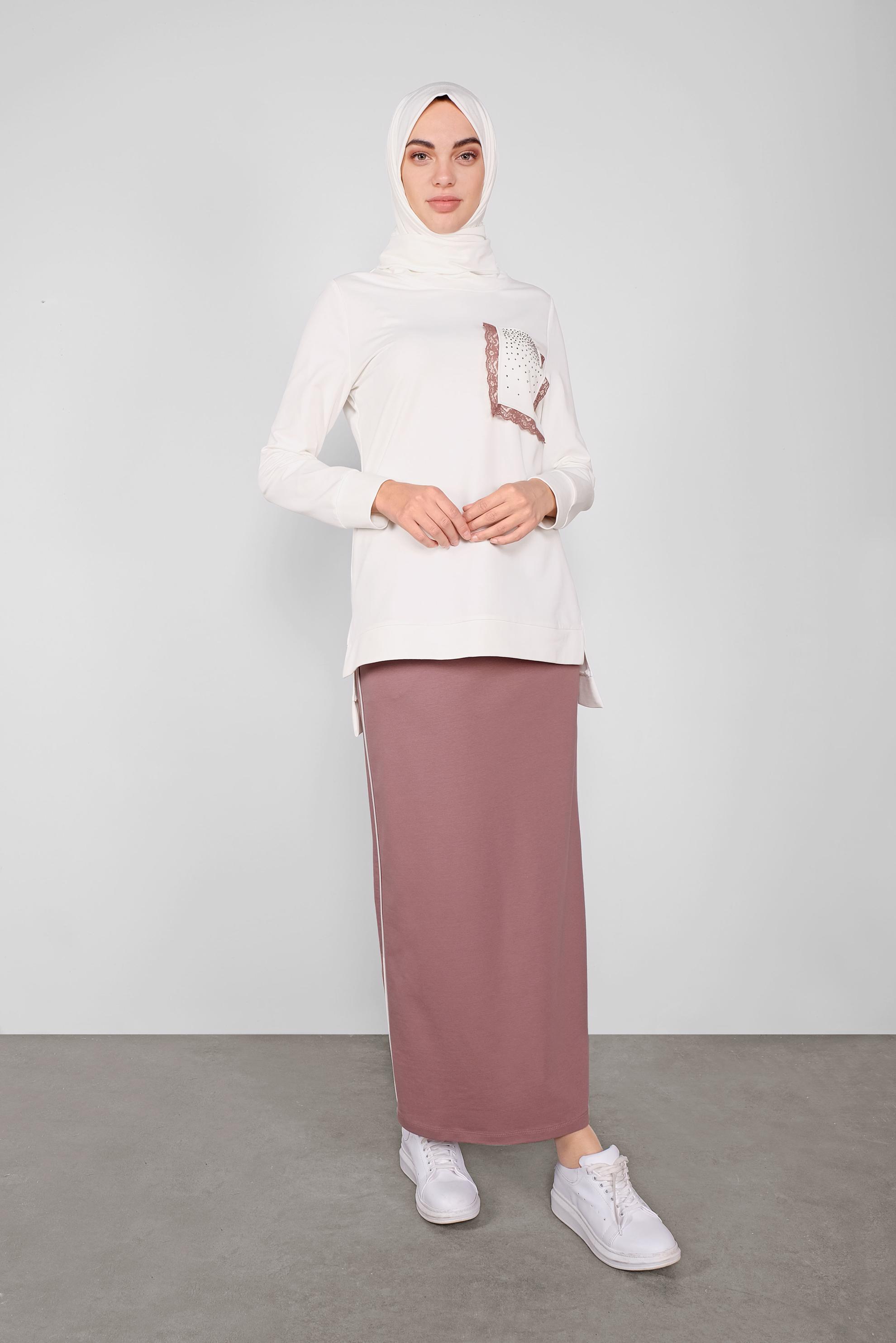 Tesettür giyim PEMBE DANTEL DETAYLI İKİLİ ETEKLİ EŞOFMAN TAKIM 41151 