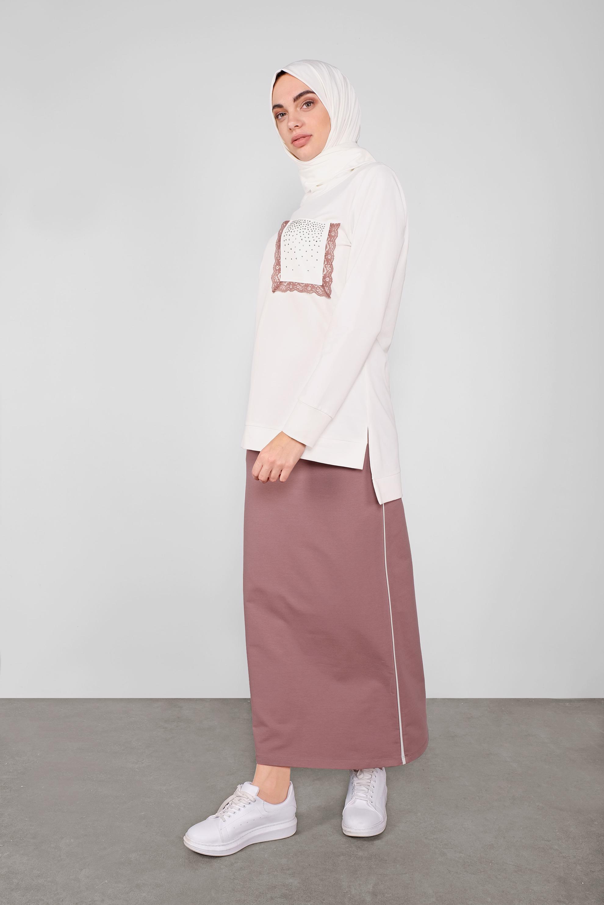 Tesettür giyim PEMBE DANTEL DETAYLI İKİLİ ETEKLİ EŞOFMAN TAKIM 41151 