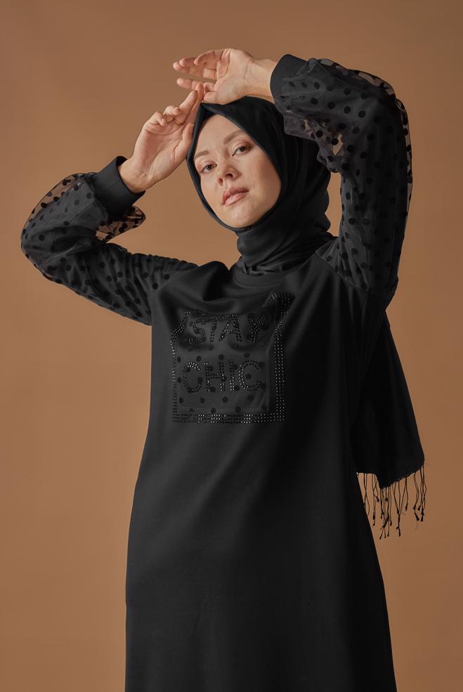 Hijab-Kleidung SCHWARZ PAMUKLU PUANTİTE TÜL DETAYLI EŞOFMAN ELBİSE 41153 - ALVİNA