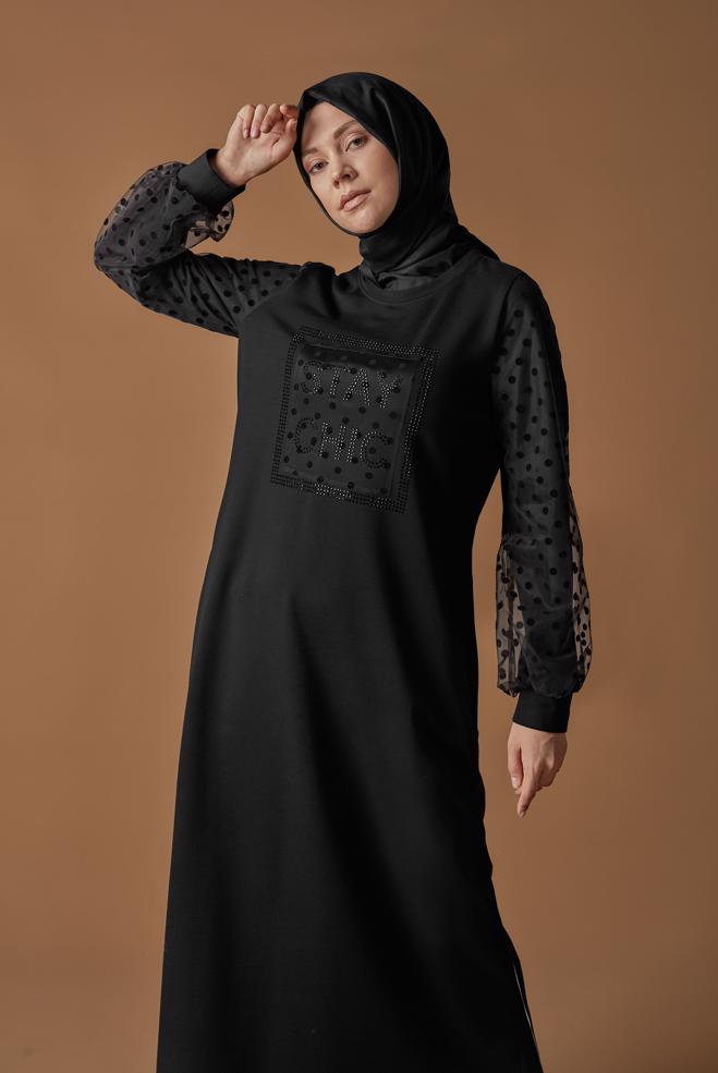 Hijab-Kleidung SCHWARZ PAMUKLU PUANTİTE TÜL DETAYLI EŞOFMAN ELBİSE 41153 - ALVİNA
