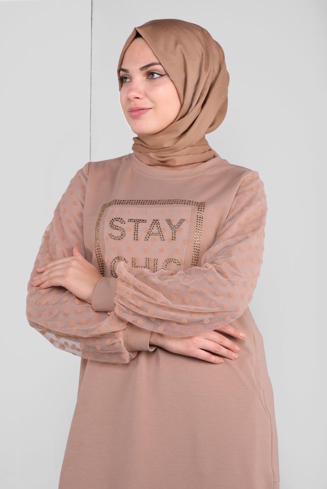 Hijab-Kleidung BEIGE PAMUKLU PUANTİTE TÜL DETAYLI EŞOFMAN ELBİSE 41153 - ALVİNA