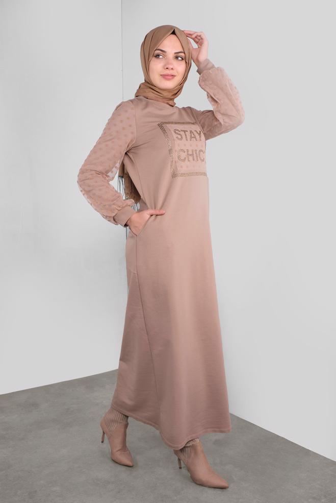 Hijab-Kleidung BEIGE PAMUKLU PUANTİTE TÜL DETAYLI EŞOFMAN ELBİSE 41153 - ALVİNA