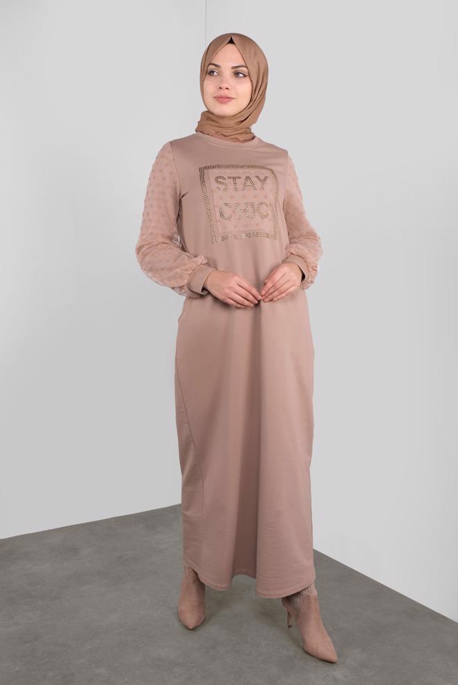 Hijab-Kleidung BEIGE PAMUKLU PUANTİTE TÜL DETAYLI EŞOFMAN ELBİSE 41153 - ALVİNA