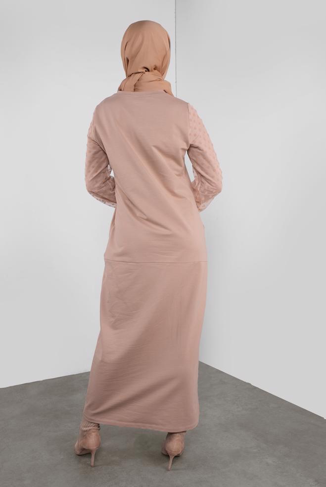 Hijab-Kleidung BEIGE PAMUKLU PUANTİTE TÜL DETAYLI EŞOFMAN ELBİSE 41153 - ALVİNA