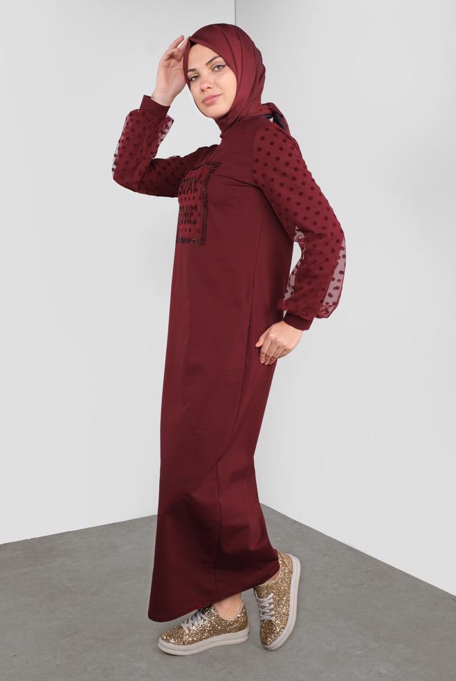 Hijab-Kleidung BURGUND PAMUKLU PUANTİTE TÜL DETAYLI EŞOFMAN ELBİSE 41153 - ALVİNA