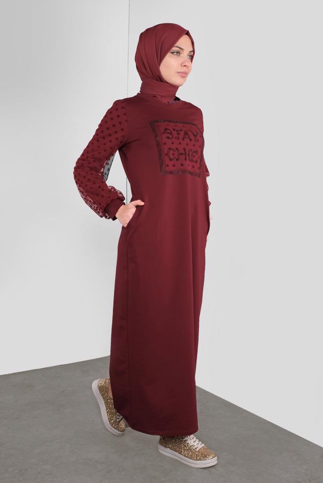 Hijab-Kleidung BURGUND PAMUKLU PUANTİTE TÜL DETAYLI EŞOFMAN ELBİSE 41153 - ALVİNA