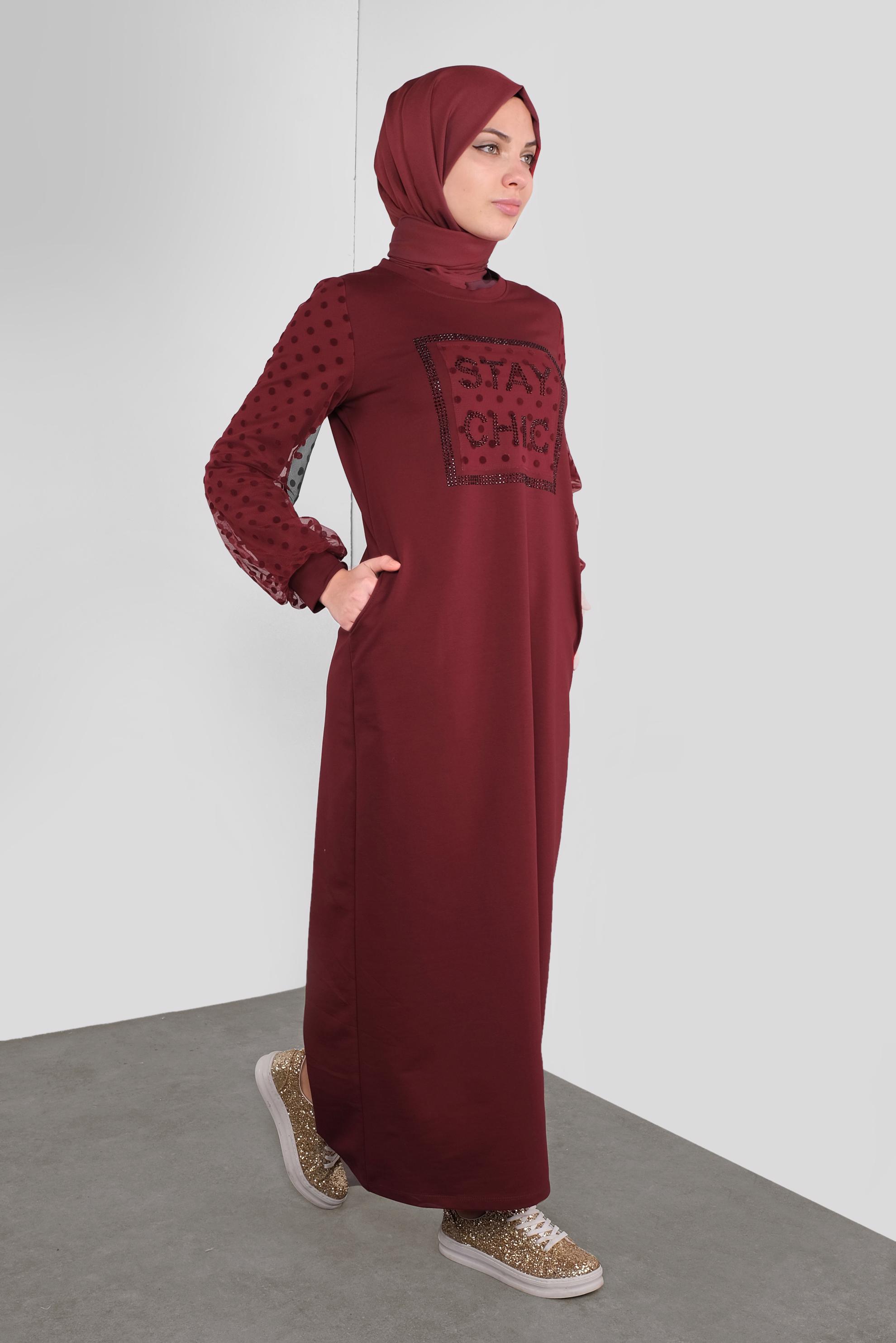 Tesettür giyim BORDO PAMUKLU PUANTİTE TÜL DETAYLI EŞOFMAN ELBİSE 41153
