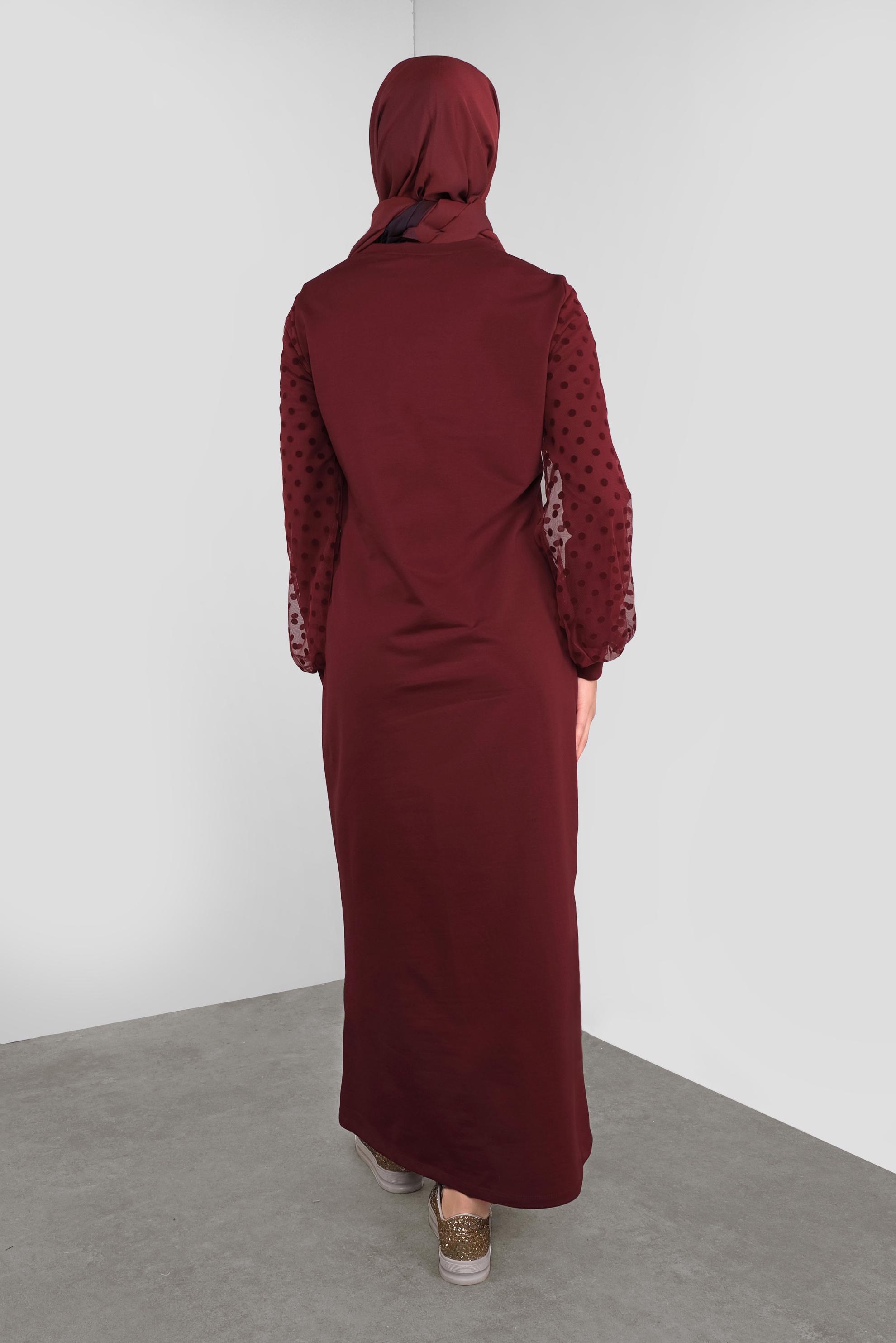 Tesettür giyim BORDO PAMUKLU PUANTİTE TÜL DETAYLI EŞOFMAN ELBİSE 41153