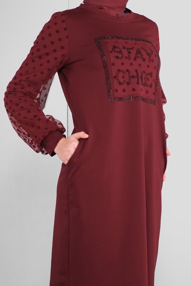 Hijab-Kleidung BURGUND PAMUKLU PUANTİTE TÜL DETAYLI EŞOFMAN ELBİSE 41153 - ALVİNA