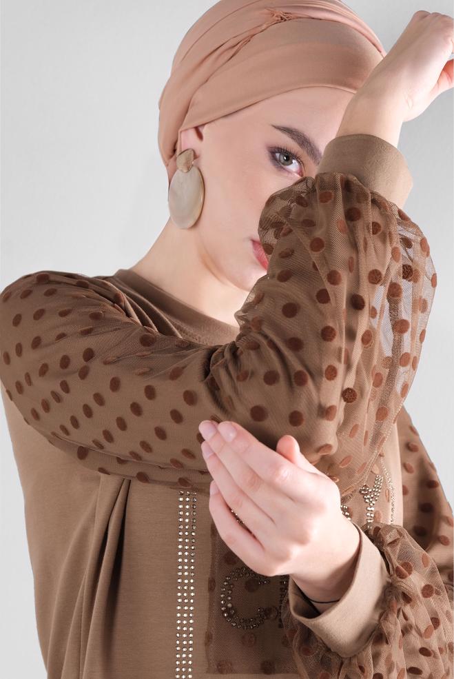 Hijab-Kleidung BRAUN PAMUKLU PUANTİTE TÜL DETAYLI EŞOFMAN ELBİSE 41153 - ALVİNA