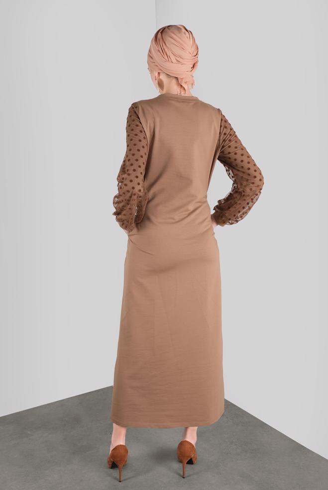 Hijab-Kleidung BRAUN PAMUKLU PUANTİTE TÜL DETAYLI EŞOFMAN ELBİSE 41153 - ALVİNA