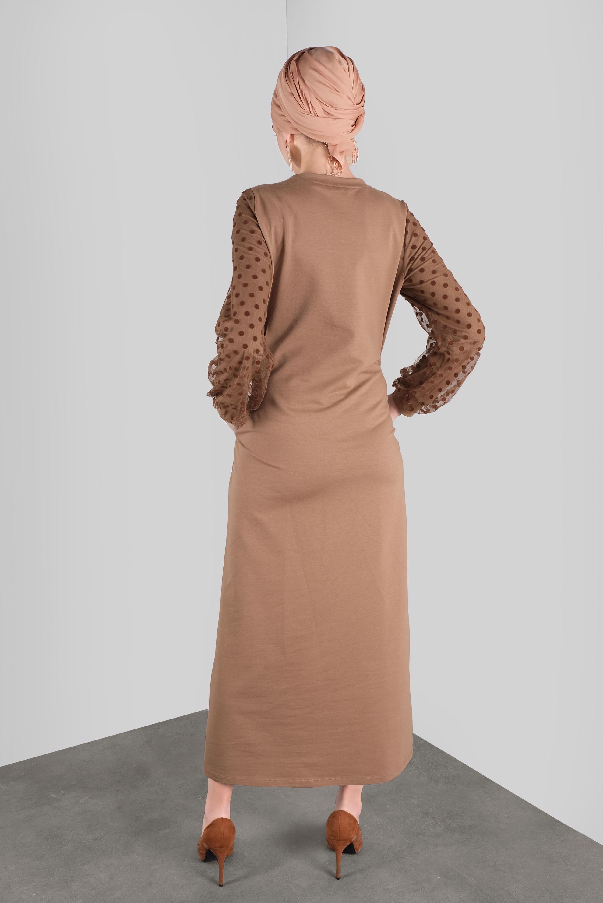 Tesettür giyim KAHVE PAMUKLU PUANTİTE TÜL DETAYLI EŞOFMAN ELBİSE 41153