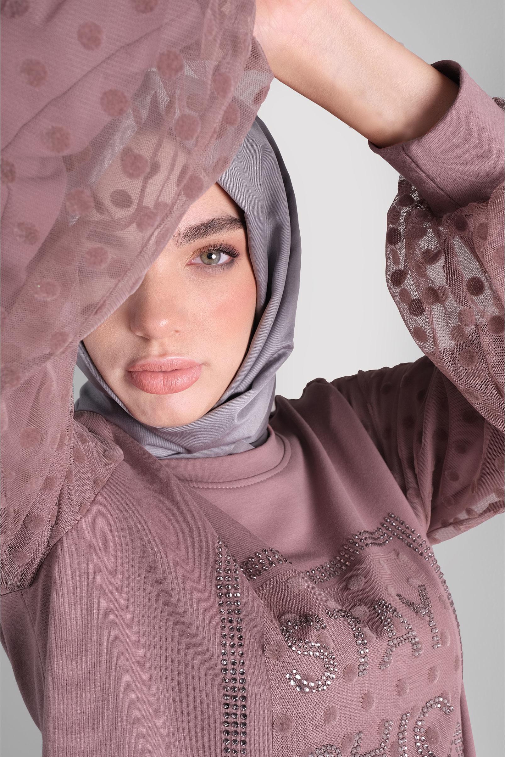 Tesettür giyim PEMBE PAMUKLU PUANTİTE TÜL DETAYLI EŞOFMAN ELBİSE 41153