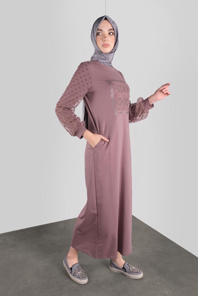Hijab-Kleidung ROSA PAMUKLU PUANTİTE TÜL DETAYLI EŞOFMAN ELBİSE 41153 - ALVİNA