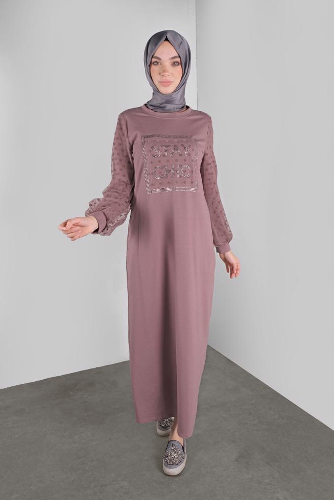 Hijab-Kleidung ROSA PAMUKLU PUANTİTE TÜL DETAYLI EŞOFMAN ELBİSE 41153 - ALVİNA